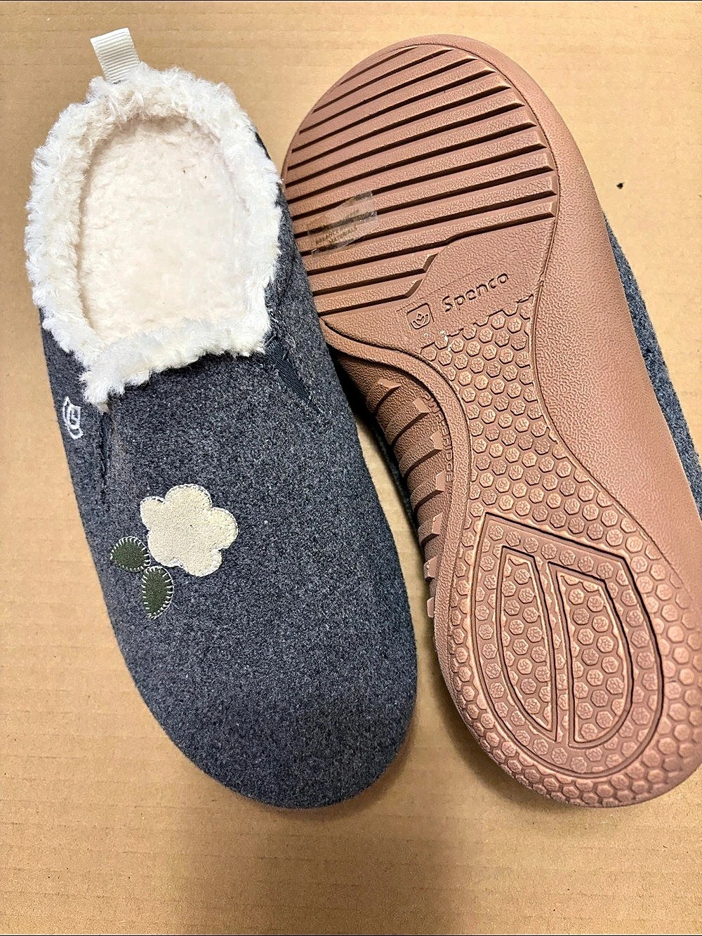 Spenco Fleece Lined Floral Slippers Gray & White US 6B Unworn!